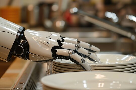 Robot hands washing the dishes. Generative AI.