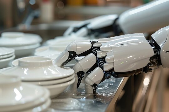 Robot hands washing the dishes. Generative AI.