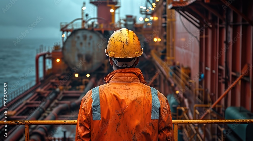 Aufkleber engineer in hard hats stand in ship vessel. generative ai.