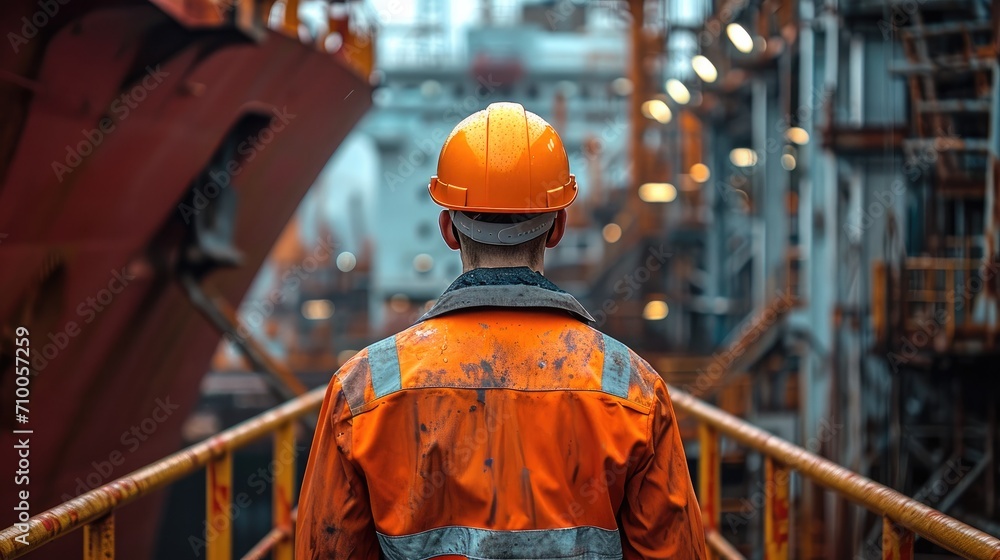 Aufkleber engineer in hard hats stand in ship vessel. generative ai.