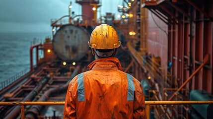 Fototapeta premium Engineer in Hard Hats Stand in ship vessel. Generative AI.