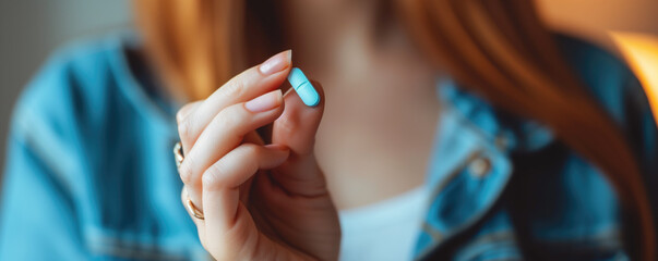 Woman holds painkiller pill in her hand