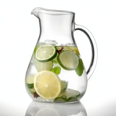 glass jug with fresh drink on white background