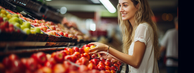 A beautiful smiling woman chooses fruits and vegetables for purchase in a supermarket. - obrazy, fototapety, plakaty