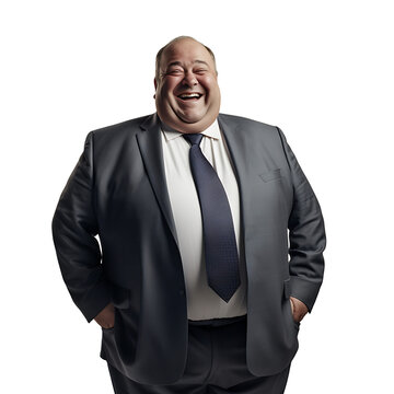 Fat businessman wearing a suit is smiling happily on PNG transparent background.