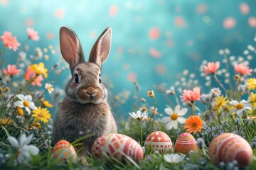 Fototapeta na wymiar Greeting card imitating a retro Easter advertisement, Adorable Easter rabbit amidst a bloom of spring flowers and eggs..