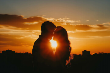 Silhouette of a young couple in love face to face against the background of the orange sky during sunset. - Powered by Adobe