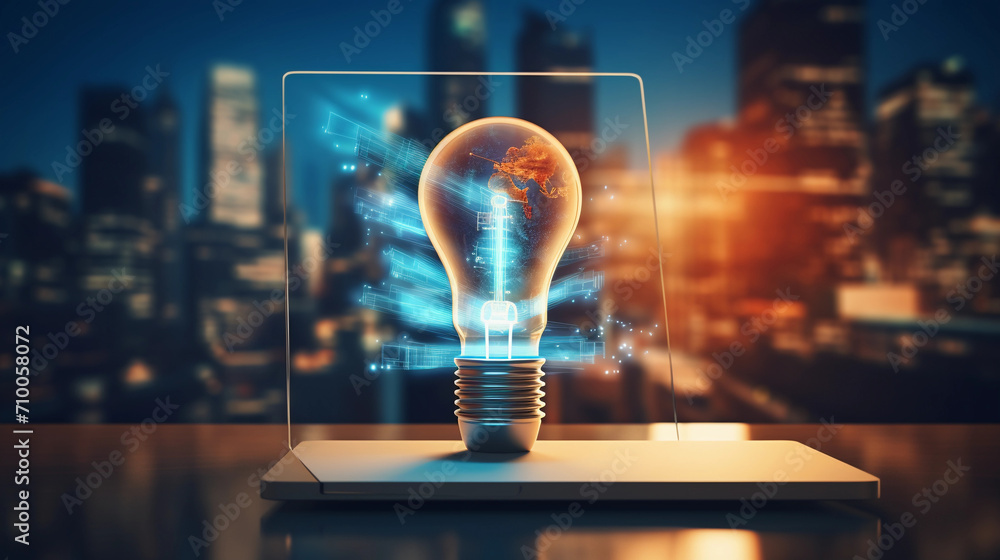 Poster idea concept represented by desktop computer with bulb hologram