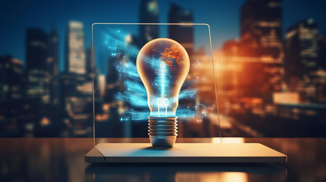 Idea concept represented by desktop computer with bulb hologram 