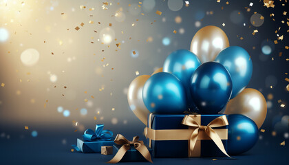 Holiday background with golden and blue metallic balloons, confetti and ribbons created with Generative Ai