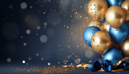 Fototapeta premium Holiday background with golden and blue metallic balloons, confetti and ribbons created with Generative Ai