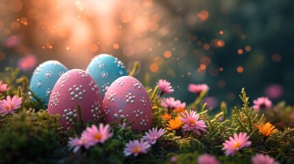 Fototapeta na wymiar pink easter eggs in grass, easter banner , Fluffy Easter chick with pink decorated eggs among blossoms..