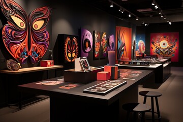 Abstract and vibrant mask-like art displays in a dimly lit gallery space