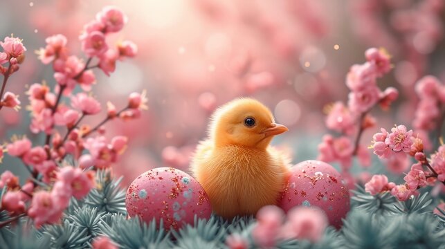Fluffy Easter chick with pink decorated eggs among blossoms..Adorable Easter chick symbolizing new life and springtime joy, easter banner, easter chicken and easter eggs