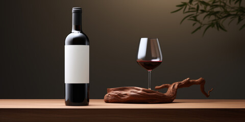 Wine, bar, restaurant Concept. Wine glass podium on wooden table with wine bottle and glass. - obrazy, fototapety, plakaty