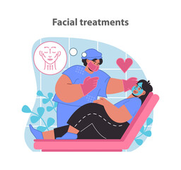 Soothing facial treatments. A client relaxes during a spa session with a mask application for skincare and rejuvenation. Flat vector illustration.