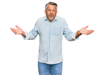 Middle age grey-haired man wearing casual clothes clueless and confused expression with arms and hands raised. doubt concept.