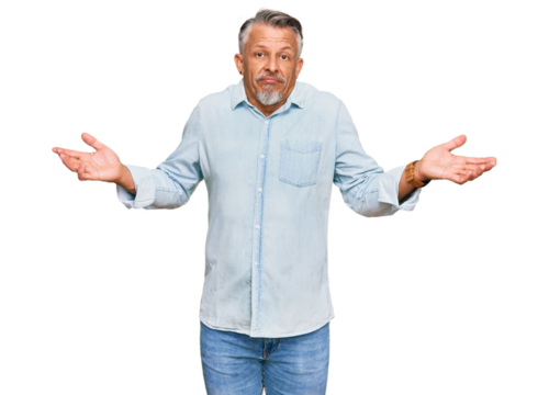 Middle age grey-haired man wearing casual clothes clueless and confused expression with arms and hands raised. doubt concept.