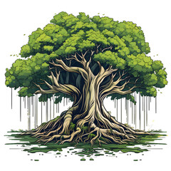 single banyan tree, vibrant color, t-shirt design, isolated on white