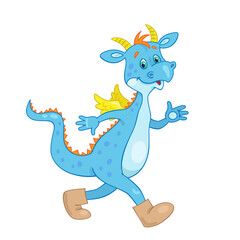 Funny little blue dragon walks in felt boots. In cartoon style. Isolated on white background. Vector illustration.