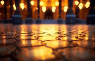Blurred tile floor, columns and lantern lights inside mosque building. Glittering golden bokeh lights. Festive background for muslim holiday Ramadan Kareem, Eud ul Fitr. Religion celebration concept 