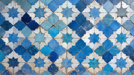 Abstract blue star shaped geometric Moroccan tiles. Shabby wallpaper texture background banner. Marrakech pattern. Vintage retro concrete, stone, ceramic cement floor, wall mosaik. Top view, closeup.