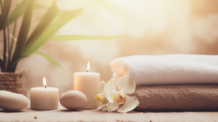 light background spa background with towels and candles and stones.Generative AI