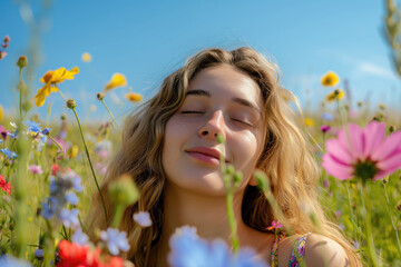 Young woman in a flower meadow in spring