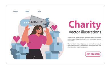 Charity and charitable foundation web banner or landing page. Help for people in need. Woman with humanitarian aid or donations boxes. Volunteers or nonprofit organizations support. Flat vector