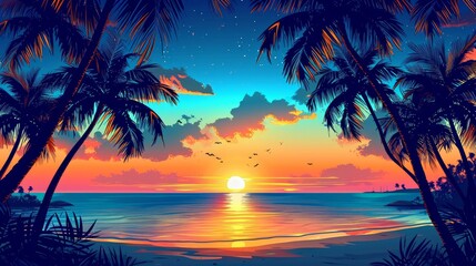 Evening on the beach with palm trees