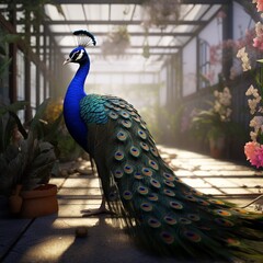 Peacock in a greenhouse,3d rendering. Computer digital drawing.AI.
