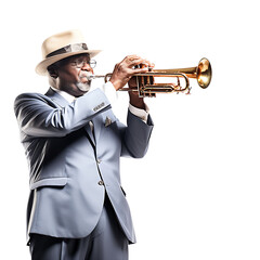 Black American man blowing trumpet on PNG transparent background