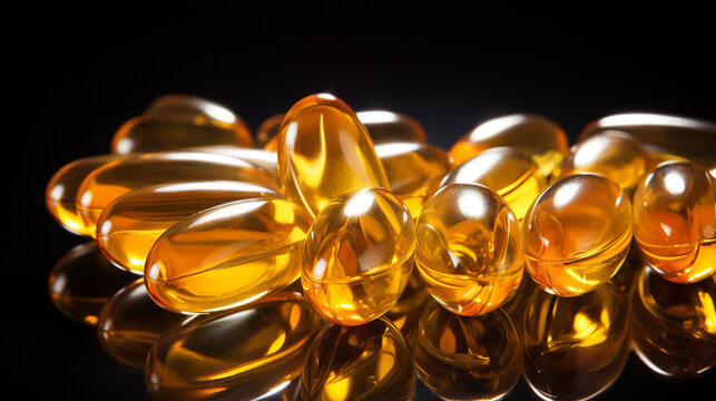 Gelatin capsule of omega 3, 6, 9 fish oil, vitamins. Generative AI
