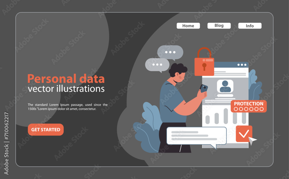 Poster personal data protection concept. man with smartphone ensuring secure online activities, encrypted u