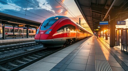 Obraz premium High speed train on the train station at sunset