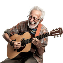 Happy elderly man playing guitar on PNG transparent background. Elderly people's hobbies concept promotes good mental health.