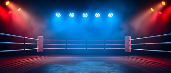 Empty professional boxing ring in the dark, illuminated spotlight. Sport background. - obrazy, fototapety, plakaty