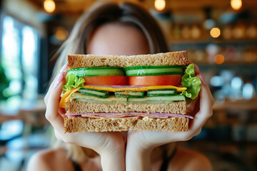 young woman holding a big sandwich with bread, cucumber, ham, tomato, lettuce and cheese in front of her face for a quick byte in cafe interior - obrazy, fototapety, plakaty