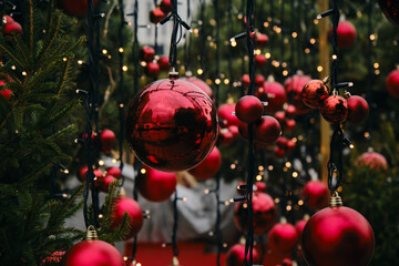 Lots of red shiny balls and a garland. A natural Christmas tree. Minimalistic festive background.