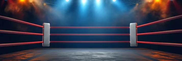 Foto op Plexiglas Empty professional boxing ring in the dark, illuminated spotlight. Sport background. © Yuliia