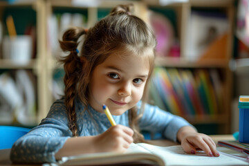 girl writes with pencil in notebook in class at school or kindergarten