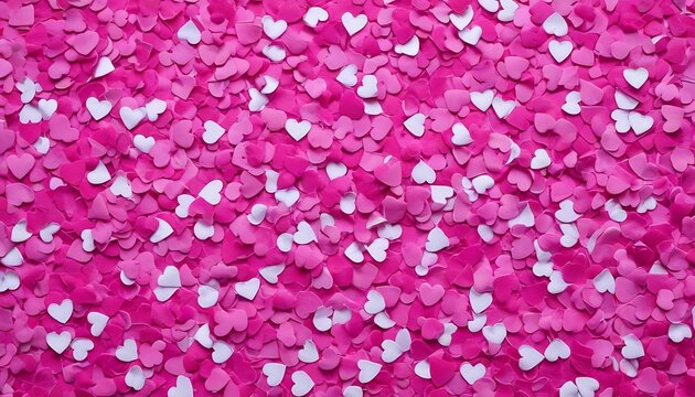 Moltitude of pink and white heart shaped sugar candies and confettis closeup, for weddings or valentines day 