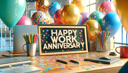 Celebratory Office Desk Decorated with Sign Happy Work Anniversary - obrazy, fototapety, plakaty