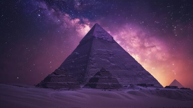 An awe-inspiring image of the Keops Pyramid from Giza, set against a fantastic purple night sky