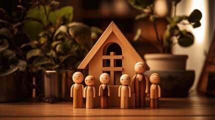 concept of family protection with a wooden doll family