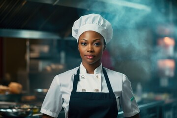 Portrait of a young female black chef in commercial kitchen