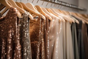 Elegant sequin dresses on hangers in a boutique