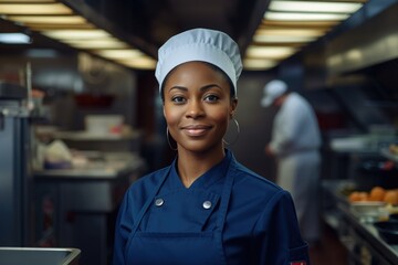 Portrait of a young female black chef in commercial kitchen