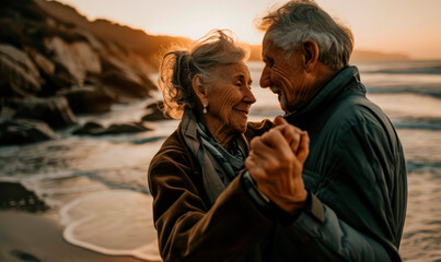 Romantic Sunset: An Elderly Couple Dances with Joy and Intimacy on the Beach, Celebrating Love's Timeless Beauty	
