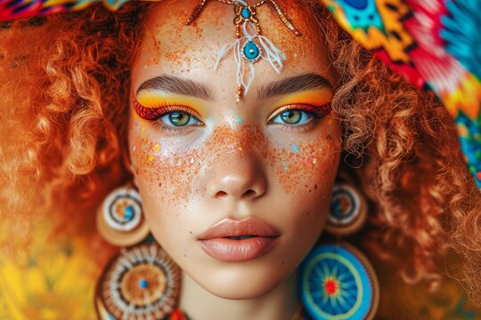 Psychedelic portrait of a young woman with curly red hair, expressive makeup, glitter on her skin, colorful exotic decorations in the form of dream catchers. Exotic atmosphere, indigenous culture, boh